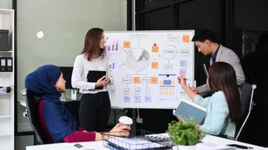 Bir grup genç Asyalı iş adamı yaratıcı ofiste modern girişimin iş planını tartışıyor