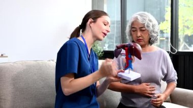 Genç hemşire yaşlı bir kadına anatomi modelini gösteriyor. Destekli yaşam tesisinde yaralanma üstüne tedavi ve rehabilitasyon