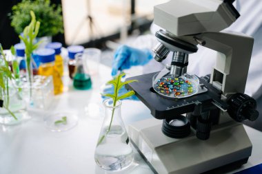 Biyologlar biyokimya laboratuvarında çalışan bitkilerle deney yapıyorlar.