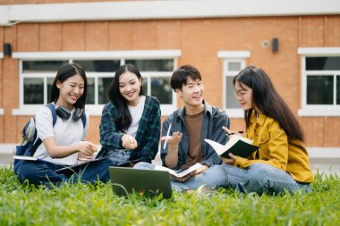 Genç Asyalı üniversite öğrencileri sabah kampüs parkında çimlerin üzerinde otururken ders çalışıyorlar. Birlikte vakit geçirmek, dizüstü bilgisayar kullanmak.