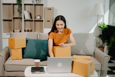 Başlangıçta küçük işletme KOBİ 'si, dizüstü bilgisayar kullanan girişimci kadın, ürün kutularını hazırlamak için online alışveriş siparişi alıyor ve kontrol ediyor 
