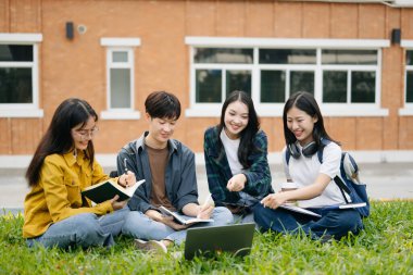 Genç Asyalı üniversite öğrencileri sabah kampüs parkında çimlerin üzerinde otururken ders çalışıyorlar. Birlikte vakit geçirmek, dizüstü bilgisayar ve dijital tablet kullanmak.