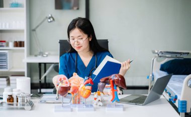 Güzel hekim doktor ofis hastanesinde masada oturuyor. Çekici terapist, kadın pratisyen, eczacı dizüstü bilgisayar kullanıyor. Başarıdan sonra tedaviden