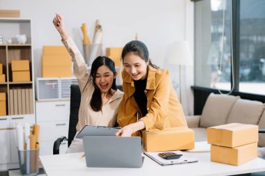 Küçük işletmeler kurmak KOBİ sahipleri, çevrimiçi siparişleri kontrol etmek, ürünleri satmak, kutularla çalışmak, dizüstü bilgisayar kullanmak, ev ofisinde serbest çalışmak 