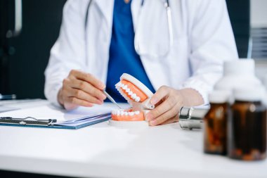 Diş hekimi, çene örnekleriyle masada oturmakta, diş modelliği yapmaktadır ve dişçi muayenehanesinde çalışmaktadır.