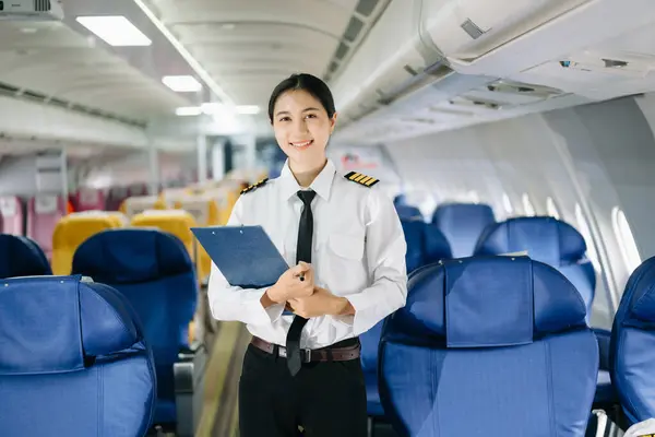 stock image Asian Confident Female pilot in uniform posing inside of the airplane