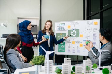 İş adamlarının şirket ofisinde rüzgar enerjisi hakkında görüşleri var. İş ekibi yel değirmenleri ve alternatif yeşil enerji hakkında konuşuyor. Ağ sıfır ve karbon nötr konsept.