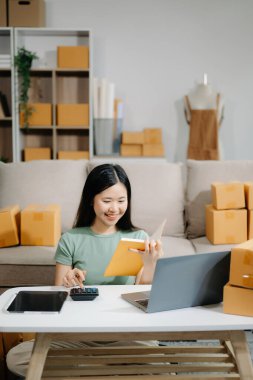 Küçük işletme girişimcisi ya da KOBİ iş kadını ev ofisinde dizüstü bilgisayar, e-ticaret konsepti üzerinde çalışıyor