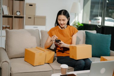 Asyalı bayan küçük işletme sahibi, internet üzerinden teslimat paketlerinin hazırlanması için emir alır ve kontrol eder. 