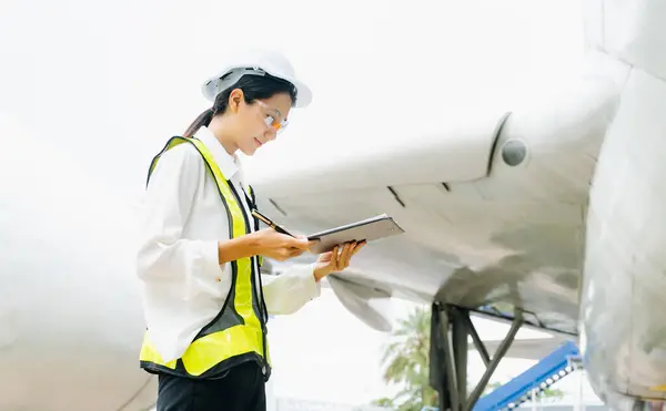 stock image Asian female aviation engineer in safety gear inspecting an airplane engine, embodying professionalism and industry standards.