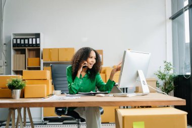Küçük işletme girişimcisi ya da KOBİ bağımsız iş kadını ev ofisinde bilgisayar başında çalışıyor ve akıllı telefon, e-ticaret konseptiyle konuşuyor