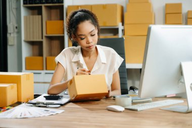 Küçük işletme girişimcisi ya da KOBİ 'li serbest çalışan iş kadını ev ofisinde bilgisayar, e-ticaret konsepti üzerinde çalışıyor