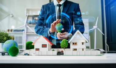 Çevre teknolojisi ve iş dünyası için çalışan iş adamı. Sıfır ve karbon nötr kavram. NET Sıfır simgeleri ve sembolleri eko dünyasını kurtarır ve kirliliği azaltır. 