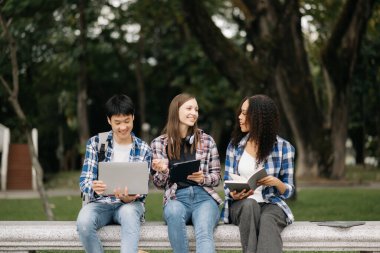 Genç üniversite öğrencileri parkta dizüstü bilgisayar ve tablet kullanarak çalışıyorlar. 