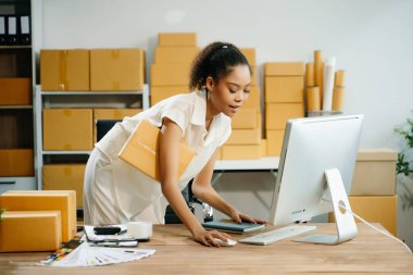 Başlangıçta küçük işletme KOBİ 'si, İş kadını bilgisayar kullanarak online alışveriş siparişi alır ve kontrol eder 