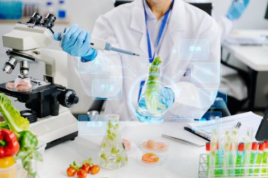 Laboratuvarda yüksek teknoloji ve hassas ekipmanlar kullanarak marulu güvenlik ve kalite için test ve analiz eden kadın laboratuvar bilimcisi.