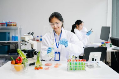 Laboratuvarda ileri teknoloji ve hassas ekipmanlar kullanarak sebzeleri güvenlik ve kalite için test edip analiz eden kadın laboratuvar bilim adamları.