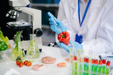 Laboratuvarda ileri teknoloji ve hassas ekipman kullanılarak güvenlik ve kalite için biber testi ve analizi yapan kadın laboratuvar bilim adamı.