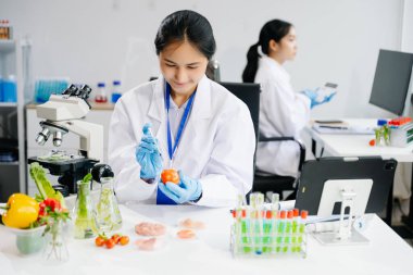Laboratuvarda ileri teknoloji ve hassas ekipmanlar kullanarak sebzeleri güvenlik ve kalite için test edip analiz eden kadın laboratuvar bilim adamları.