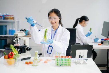 Laboratuvarda ileri teknoloji ve hassas ekipmanlar kullanarak sebzeleri güvenlik ve kalite için test edip analiz eden kadın laboratuvar bilim adamları.