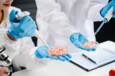 Laboratuvar önlüklü iki kadın gıda bilimcisi, örnek alıyor ve modern bir laboratuvar ortamında gıda güvenliğini ve kalitesini analiz ediyorlar.