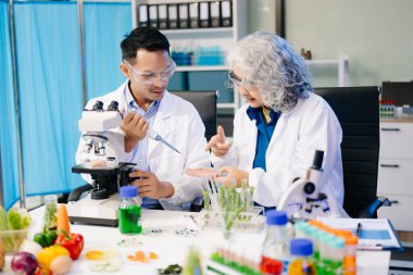 Erkek ve kadın Asyalı bilim adamları, mikroskop ve laboratuvar ekipmanları kullanarak gıda araştırmaları yapıyorlar, gıda bilimi ve biyoteknoloji alanında yenilik sergiliyorlar.