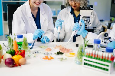 Laboratuvar önlüklü gıda bilimcileri, numuneleri test ediyor ve modern bir laboratuvar ortamında gıda güvenliği ve kalitesini analiz ediyorlar.