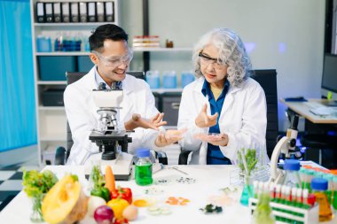 Laboratuvar önlüklü gıda bilimcileri, numuneleri test ediyor ve modern bir laboratuvar ortamında gıda güvenliği ve kalitesini analiz ediyorlar.