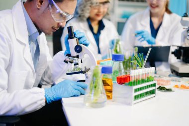 Laboratuvar önlüklü gıda bilimcileri, numuneleri test ediyor ve modern bir laboratuvar ortamında gıda güvenliği ve kalitesini analiz ediyorlar..