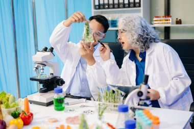 Laboratuvar önlüklü gıda bilimcileri, numuneleri test ediyor ve modern bir laboratuvar ortamında gıda güvenliği ve kalitesini analiz ediyorlar.