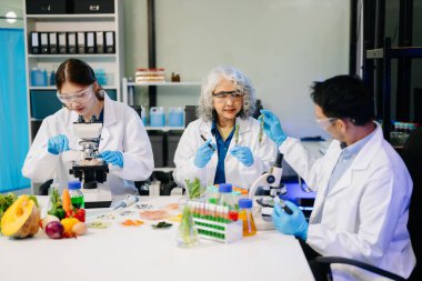 Bir laboratuarda mikroskop ve laboratuvar ekipmanları kullanarak yiyecek araştırması yapan Asyalı bilim adamları ekibi, gıda bilimi ve biyoteknoloji alanında yenilik sergiliyor.