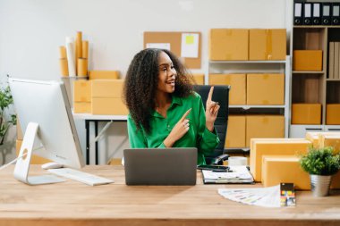 Başlangıçta küçük işletme KOBİ 'si, Mutlu girişimci kadın yeni siparişleri kontrol etmek için bilgisayar ve laptop kullanıyor, çevrimiçi alışveriş kavramı, karton kutular arka planı