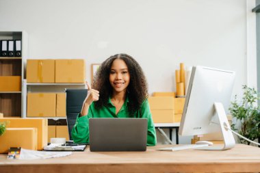 Başlangıçta küçük işletme KOBİ 'si, yeni siparişleri kontrol etmek için bilgisayar ve dizüstü bilgisayar kullanan girişimci kadın, çevrimiçi alışveriş kavramı, karton kutular