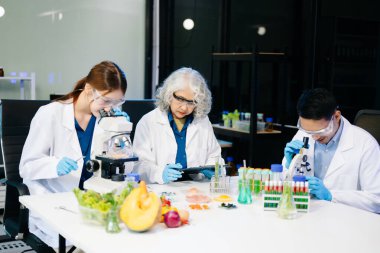 Laboratuvar önlüklü gıda bilimcileri, numuneleri test ediyorlar ve modern bir laboratuvarda gıda güvenliğini ve kalitesini analiz ediyorlar. 