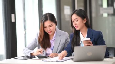 İki iş kadını modern ofiste dizüstü bilgisayarla yatırım projesini, çalışma ve planlama stratejisini tartışıyor