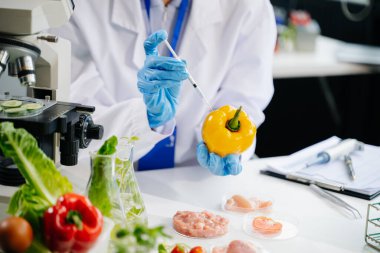 Laboratuar bilimcileri gelişmiş teknoloji ve hassas ekipman kullanarak sebzeleri güvenlik ve kalite için test edip analiz ediyorlar.