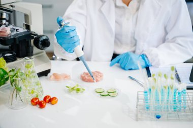 Laboratuvarda mikroskop ve laboratuvar ekipmanları kullanarak gıda araştırmaları yapan bilim adamları, gıda bilimi ve biyoteknoloji alanında yenilikler sergiliyorlar.