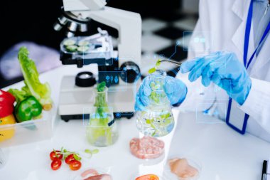 Laboratuar bilimcileri gelişmiş teknoloji ve hassas ekipman kullanarak sebzeleri güvenlik ve kalite için test edip analiz ediyorlar.