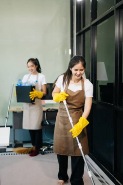 Efficient and professional housekeepers cleaning the room clipart