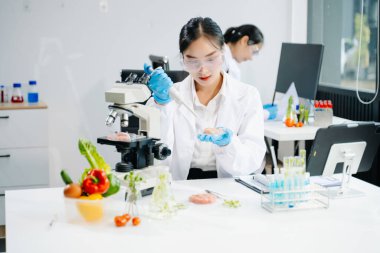 Asyalı kadın bilim adamları modern laboratuarda kimya araştırması yapıyorlar.