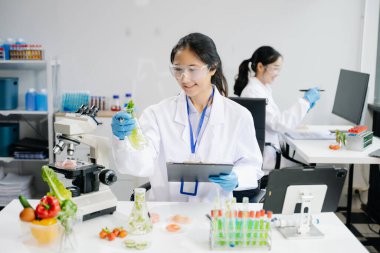 Asian female scientists conducting chemistry research in modern laboratory