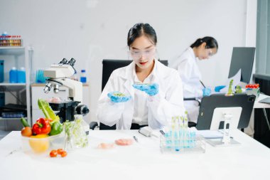 Asyalı kadın bilim adamları modern laboratuarda kimya araştırması yapıyorlar.