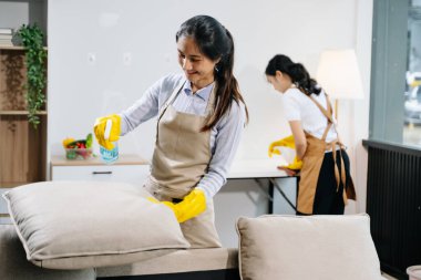 Efficient and professional housekeepers cleaning the room clipart