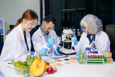 Laboratuvarda mikroskop ve pipetler kullanarak, örnekleri analiz ederek, yenilik, işbirliği ve gıda güvenliği araştırmalarını vurgulayarak yiyecek bilimcilerinin dinamik sahnesi