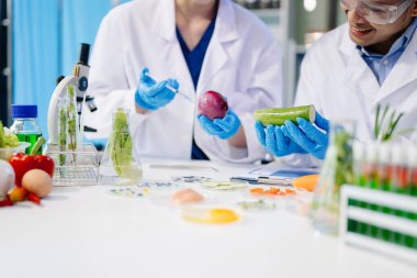 Laboratuvarda mikroskop ve pipetler kullanarak, örnekleri analiz ederek, yenilik, işbirliği ve gıda güvenliği araştırmalarını vurgulayarak yiyecek bilimcilerinin dinamik sahnesi