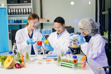 Laboratuvarda mikroskop ve pipetler kullanarak, örnekleri analiz ederek, yenilik, işbirliği ve gıda güvenliği araştırmalarını vurgulayarak yiyecek bilimcilerinin dinamik sahnesi