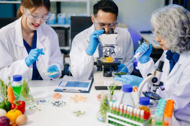 Laboratuvarda mikroskop ve pipetler kullanarak, örnekleri analiz ederek, yenilik, işbirliği ve gıda güvenliği araştırmalarını vurgulayarak yiyecek bilimcilerinin dinamik sahnesi