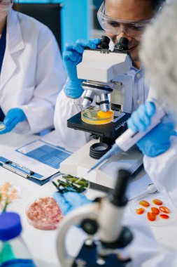 Dynamic scene of food scientists using microscopes and pipettes in a lab, analyzing samples, emphasizing innovation, collaboration, and food safety research clipart