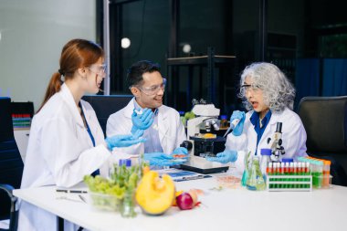 Dynamic scene of food scientists using microscopes and pipettes in a lab, analyzing samples, emphasizing innovation, collaboration, and food safety research clipart