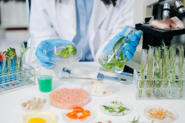 Kadın gıda bilimcilerinin orta kesimi modern tıbbi araştırma laboratuvarında gelişmiş teknoloji ve hassas ekipman kullanarak sebzeleri güvenlik ve kalite için test ediyor ve analiz ediyor..